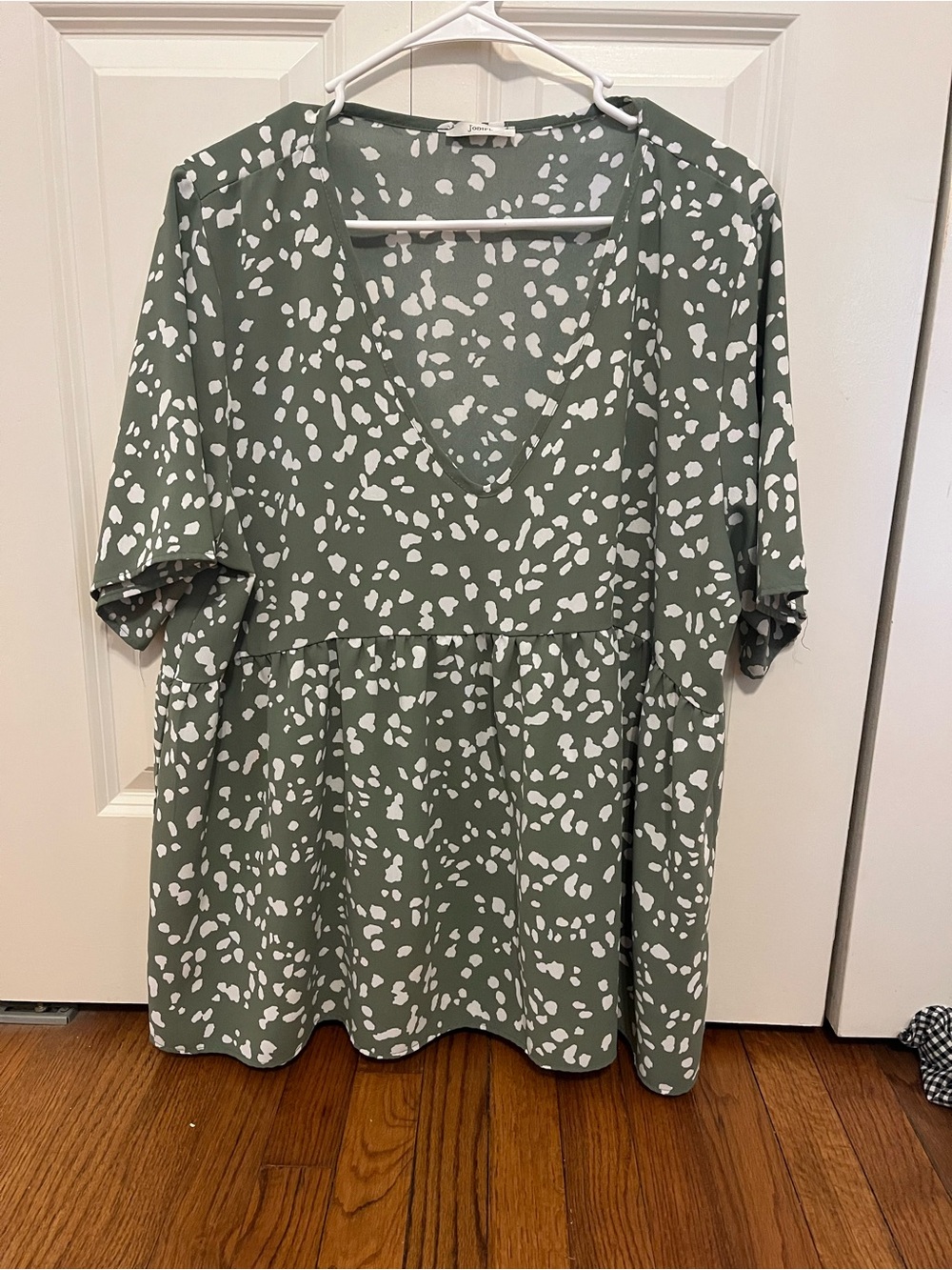 JODIFL Sage Green V-Neck Tunic with White Spot Print